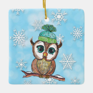 Watercolor Owl with Personalized Message on Back Ceramic Ornament