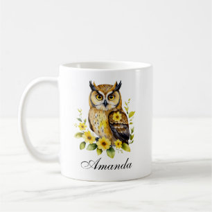 Watercolor Owl with Yellow Flowers Coffee Mug