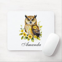 Watercolor Owl with Yellow Flowers