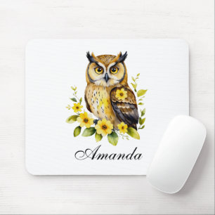 Watercolor Owl with Yellow Flowers Mouse Pad