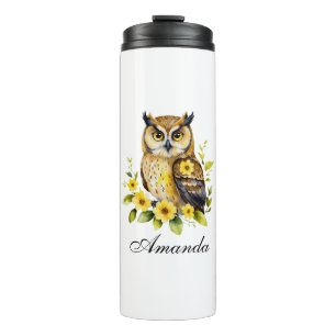 Watercolor Owl with Yellow Flowers Thermal Tumbler