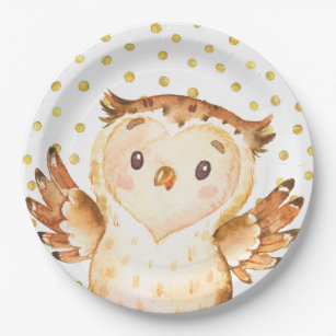 Watercolor Owl Woodland Animal Gold Dot Birthday Paper Plate
