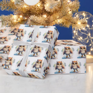Watercolor Owls Ice Skating Wrapping Paper