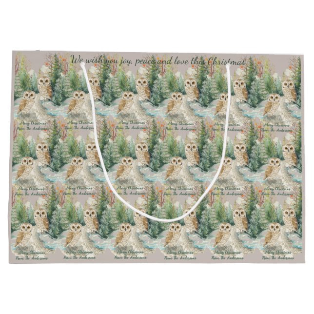 Watercolor Owls in Snowy Pines Christmas Gift Bag (Back)