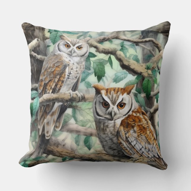 Watercolor Owls in Trees Cushion (Front)