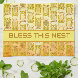 Watercolor Owls On a Colorful Background Tea Towel