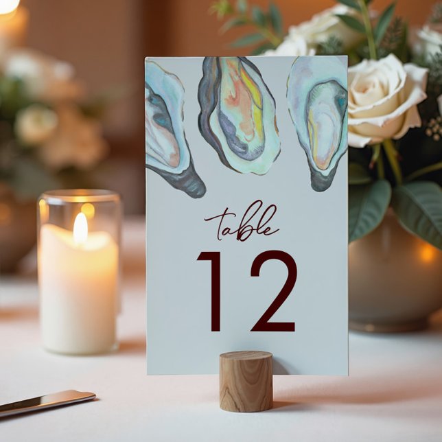 Watercolor Oyster Coastal Beach Sea Blue Wedding Table Number (Creator Uploaded)
