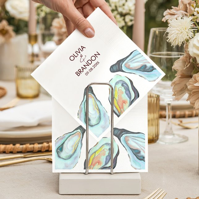 Watercolor Oyster Coastal Seaside Beach Wedding Napkin (Creator Uploaded)