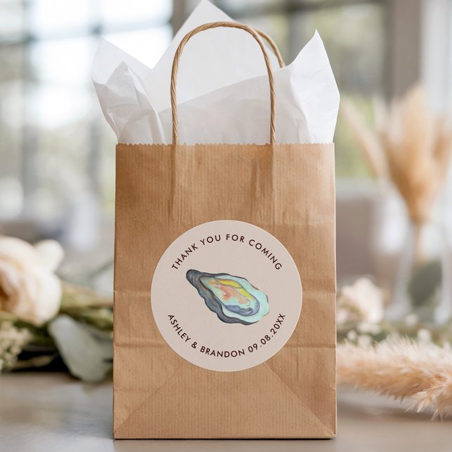 Watercolor Oyster Label, Coastal Seaside Wedding  Classic Round Sticker (Creator Uploaded)