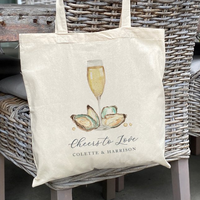 Watercolor Oyster & Pearl "Cheers to Love" Favour Tote Bag (Creator Uploaded)