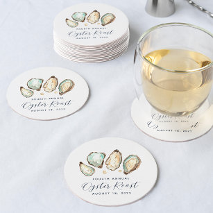 Watercolor Oyster & Pearl Oyster Roast Round Paper Coaster