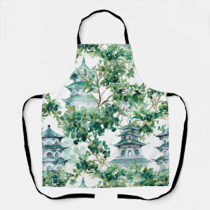 Watercolor Pagodas Olive Forest Asian Landscape Apron