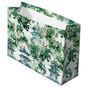 Watercolor Pagodas Olive Forest Asian Landscape Large Gift Bag