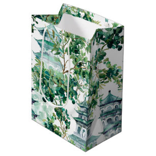 Watercolor Pagodas Olive Forest Asian Landscape Medium Gift Bag