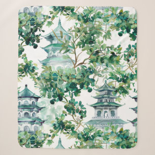 Watercolor Pagodas Olive Forest Asian Landscape Sherpa Blanket