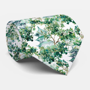 Watercolor Pagodas Olive Forest Asian Landscape Tie