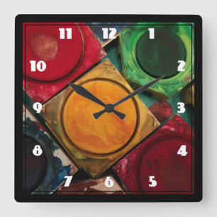 Watercolor Paint Box Palette Square Wall Clock