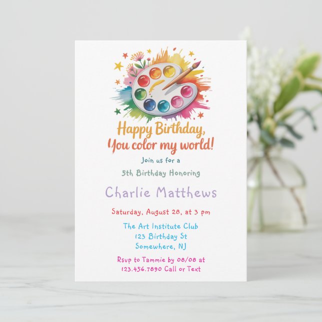 Watercolor Paint Palette Art Birthday Party Invitation (Standing Front)