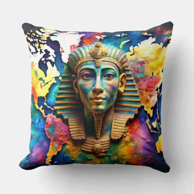 Watercolor Paint & Pharoah World Map Throw Pillows (Front)