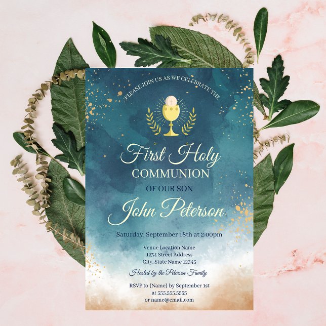Watercolor Paint Splash First Holy Communion Invitation (Creator Uploaded)