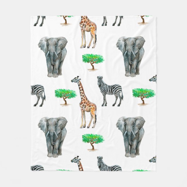 Watercolor painted animals seapless pattern fleece blanket (Front)