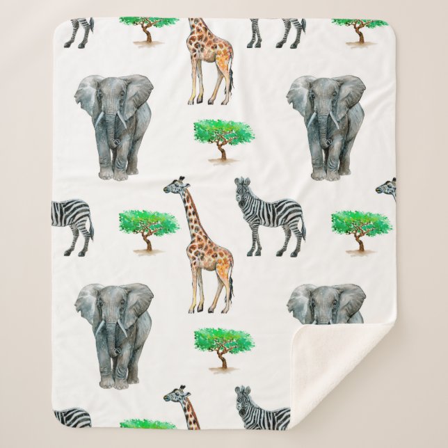 Watercolor painted animals seapless pattern sherpa blanket (Front)