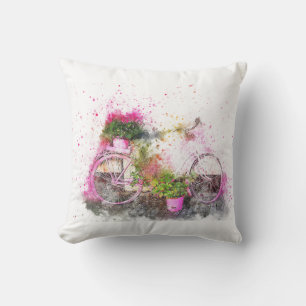 Watercolor painted bicycle in pink cushion