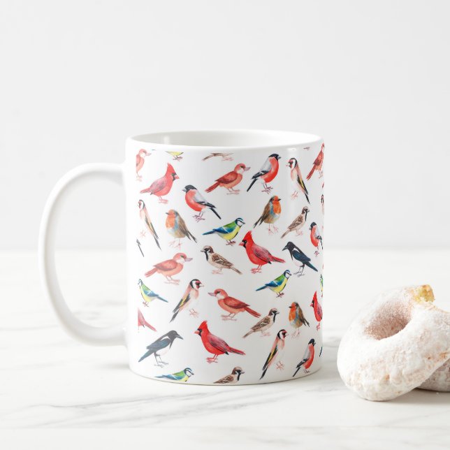 Watercolor painted bird pattern. coffee mug (With Donut)