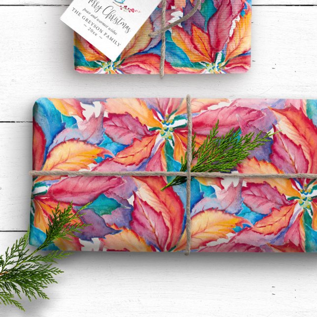 Watercolor Painted Botanical Poinsettia Christmas Wrapping Paper (Unique Christmas gift wrap features original watercolor art and design by Victoria Grigaliunas)