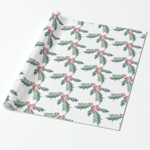 Watercolor Painted Christmas Holly Wrapping Paper