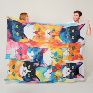 Watercolor Painted Colourful Cat Collage Fleece Blanket