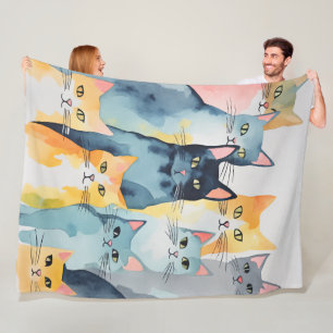 Watercolor Painted Colourful Cat Collage Fleece Blanket
