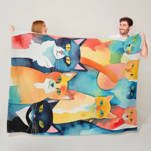 Watercolor Painted Colourful Cat Collage Fleece Blanket