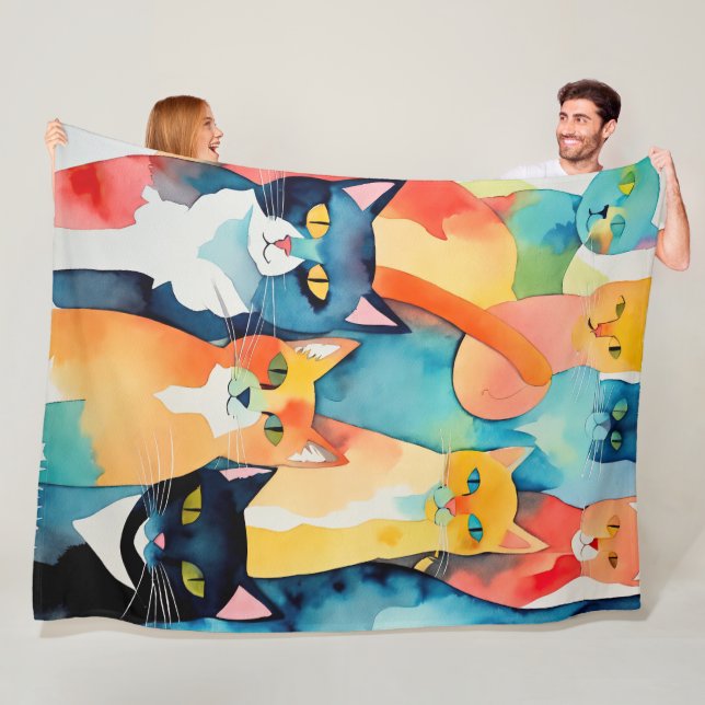 Watercolor Painted Colourful Cat Collage Fleece Blanket (In Situ)