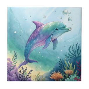 Watercolor painted dolphin ceramic tile