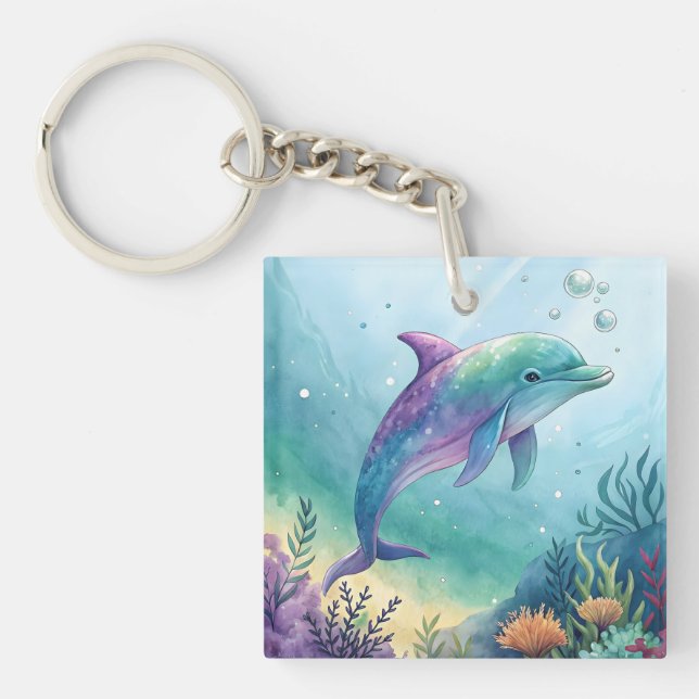 Watercolor painted dolphin key ring (Front)
