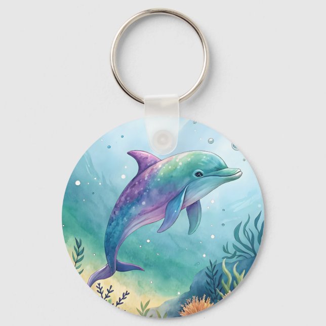 Watercolor painted dolphin key ring (Front)