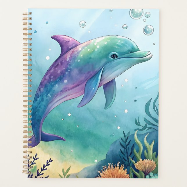Watercolor painted dolphin planner (Front)