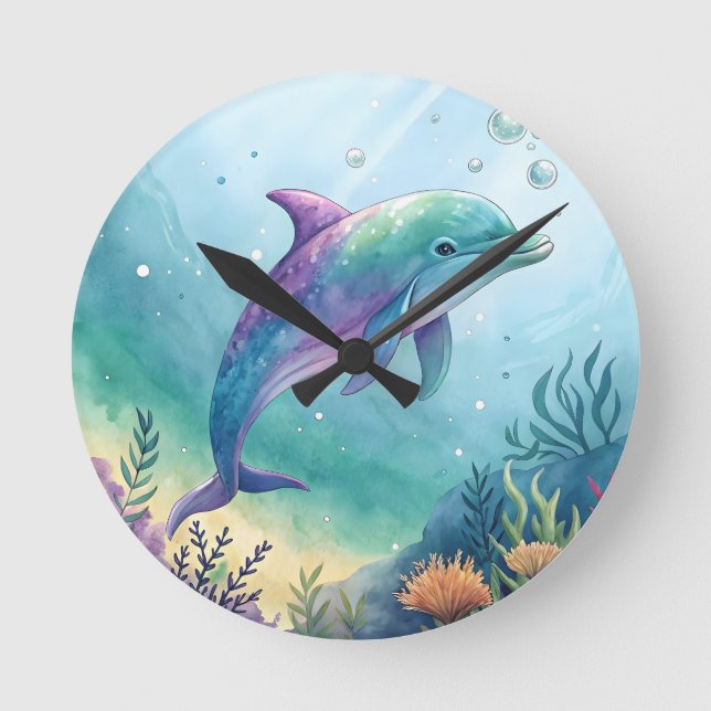 Watercolor painted dolphin round clock (Front)