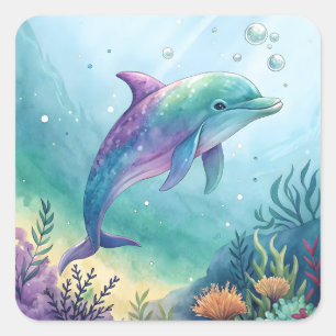Watercolor painted dolphin square sticker
