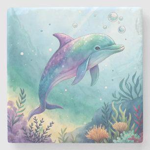 Watercolor painted dolphin stone coaster