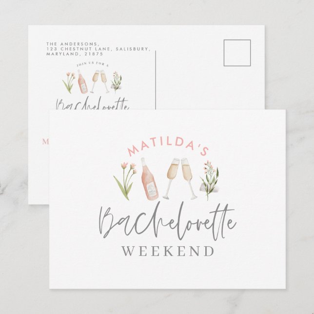 watercolor painted drinks bachelorette weekend inv invitation postcard (Front/Back)