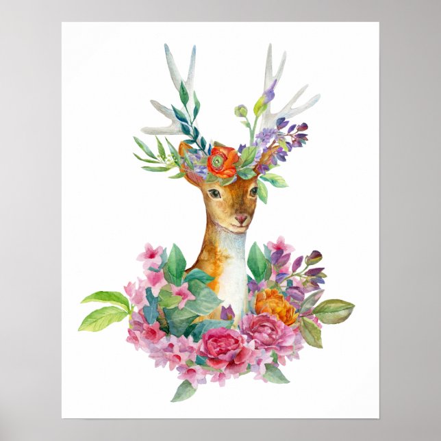 Watercolor Painted Floral Baby Deer Baby Nursery Poster (Front)