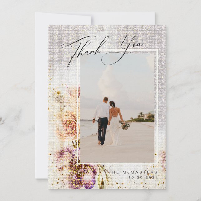 Watercolor Painted Floral Canvas Wedding  Thank You Card (Front)