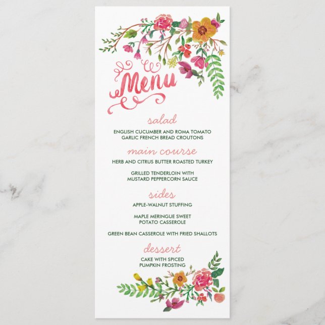 Watercolor Painted Floral Wedding Menu Cards (Front)