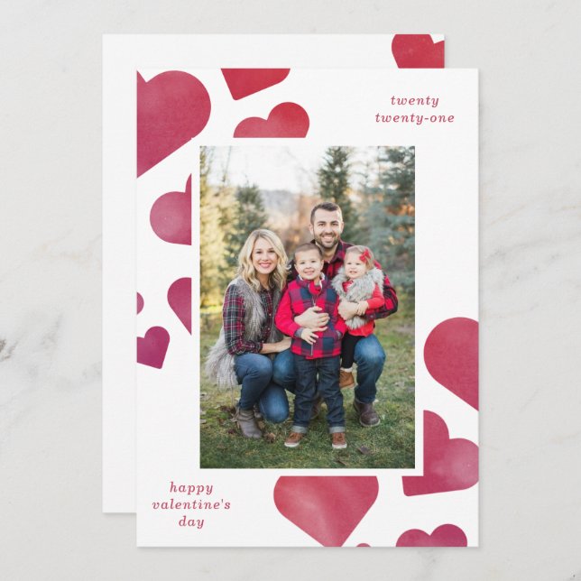 Watercolor Painted Hearts Portrait Holiday Card (Front/Back)