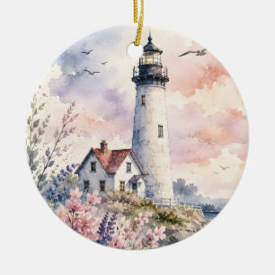 Watercolor Painted Lighthouse Ceramic Ornament