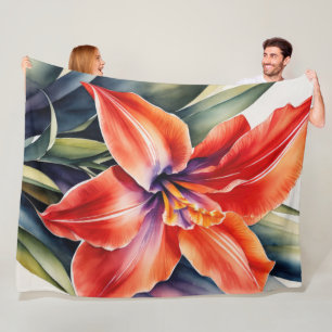 Watercolor Painted Orange Lily Flower Fleece Blanket