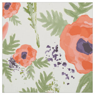 Watercolor Painted Oriental Orange Poppy Floral Fabric