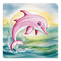 Watercolor painted pink dolphin